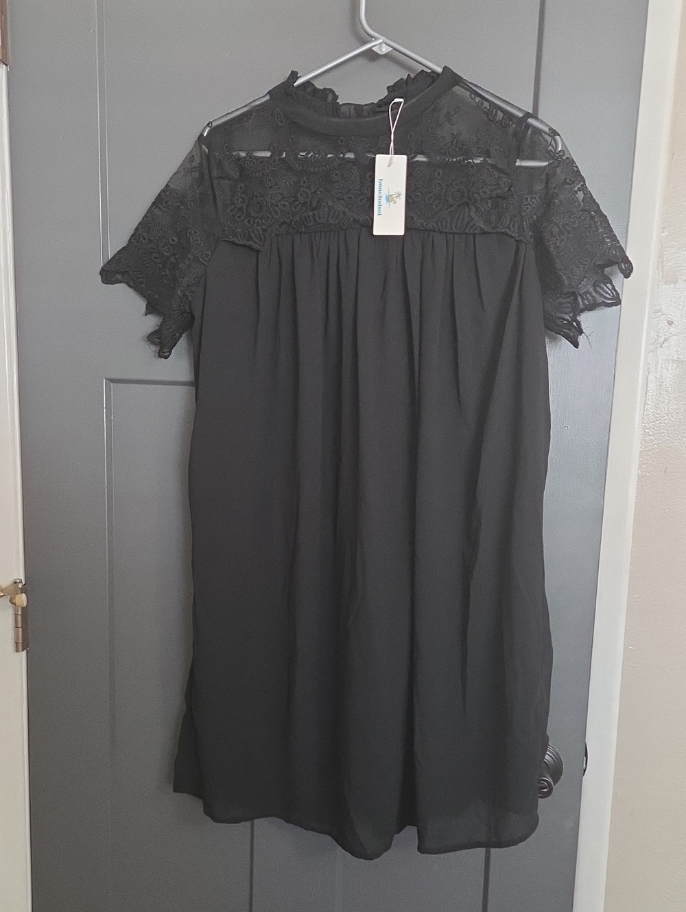 Lace Yoke Black Mini Dress with Short Sleeves